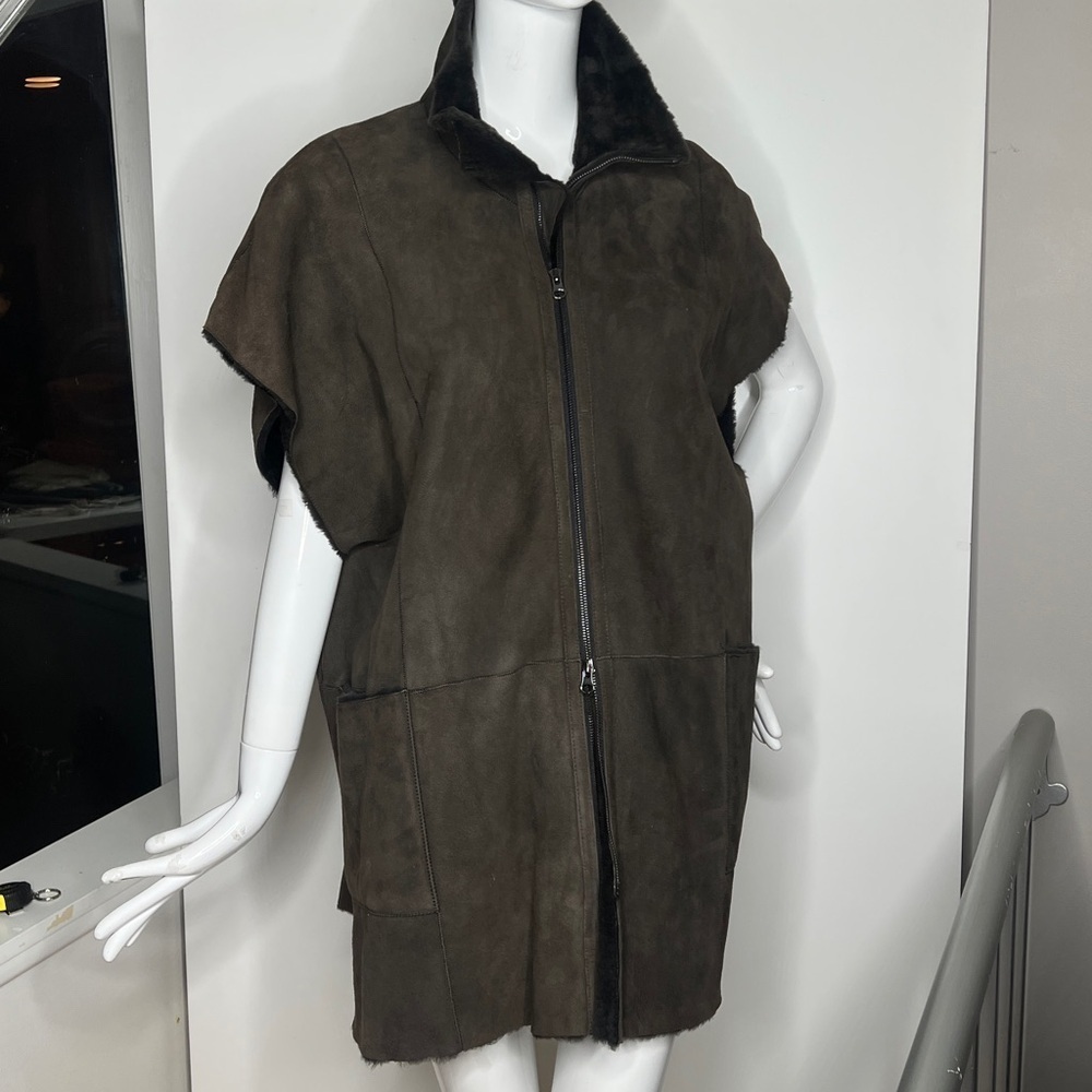 Italian Size 12-14 Zip 3/4 Length Soft Brown Shearling Jacket Car Coat Jacket